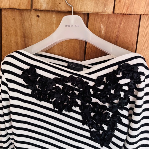 Gracia Asymmetrical Striped Boat Neck Embroidered Trim Sweater Size: Large. - Picture 6 of 16